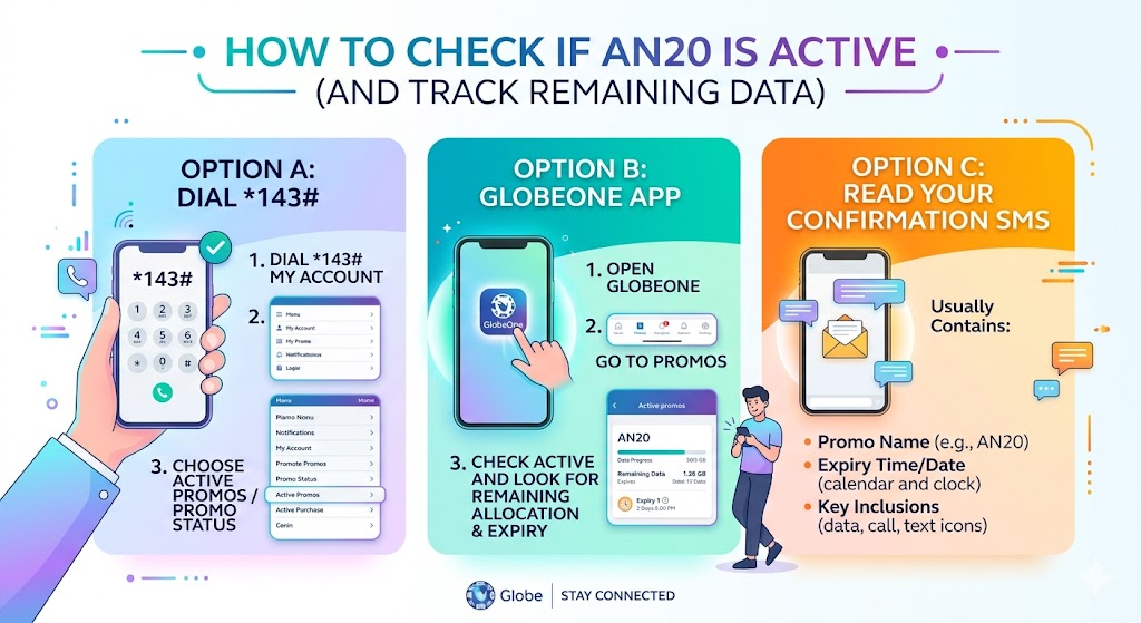 How to check TM AN20 promo status, active subscription, and remaining data using *143#, GlobeOne, or confirmation SMS