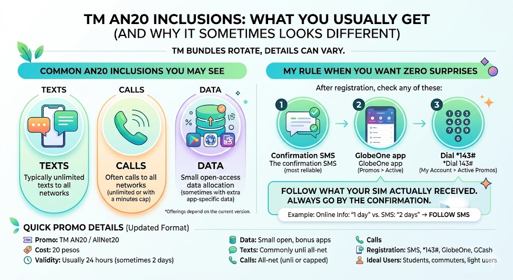 TM AN20 inclusions showing the current data, call, text, and validity details