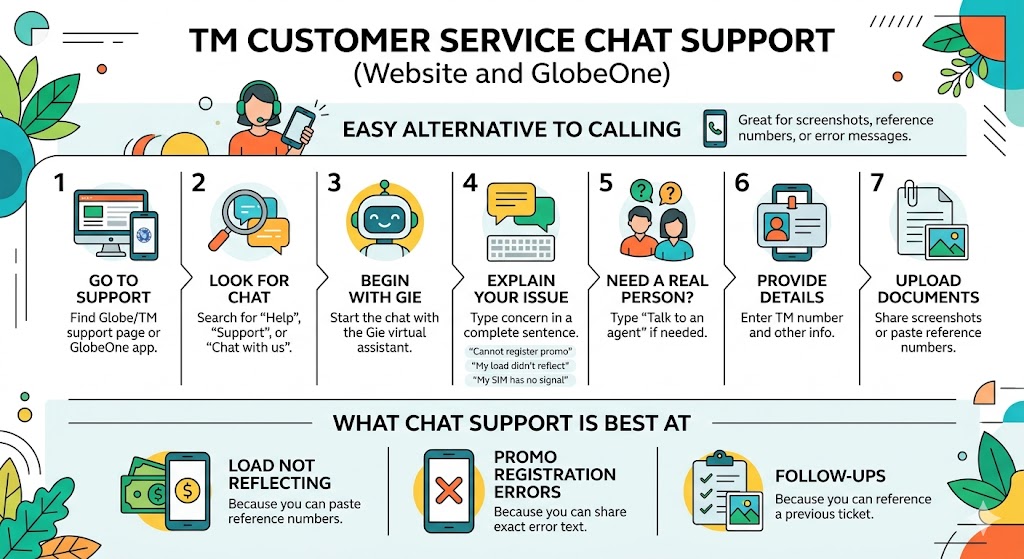 GlobeOne app chat screen showing the Gie virtual assistant helping with a TM promo concern