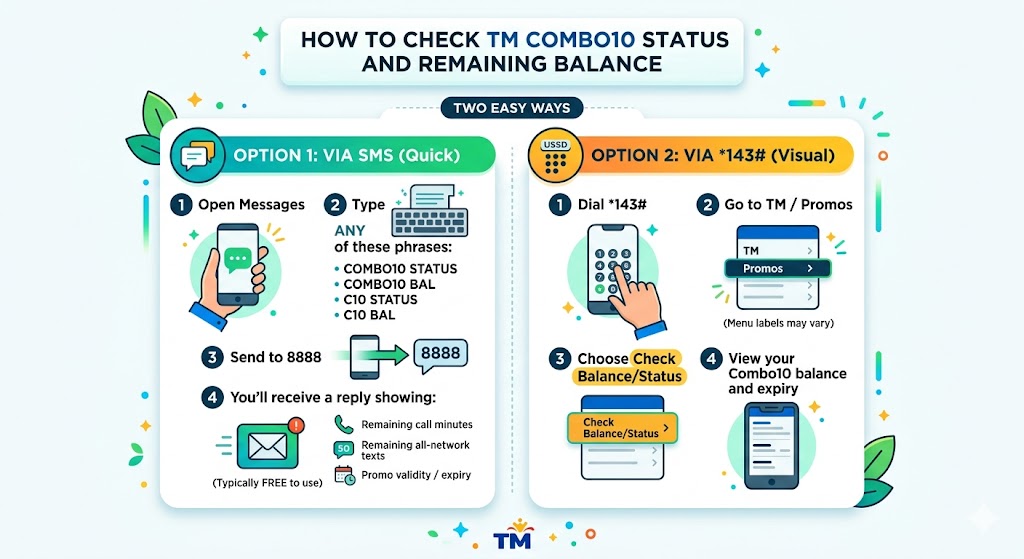 How to check TM Combo10 or ComboAll10 CA10 promo status and remaining balance via TM menu and account tools