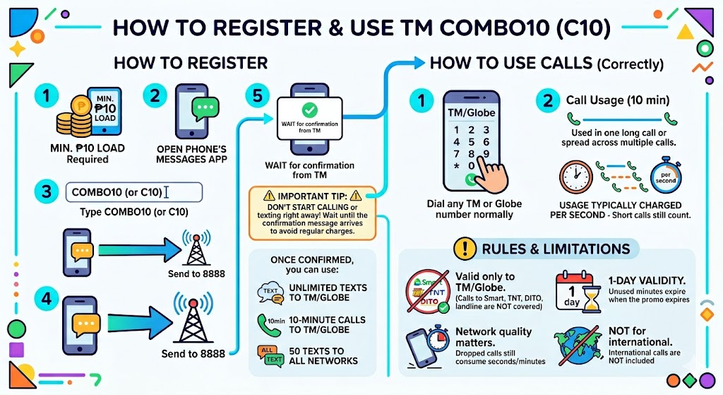 Step-by-step guide showing how to register for TM Combo10 or ComboAll10 CA10 promo via SMS to 8080