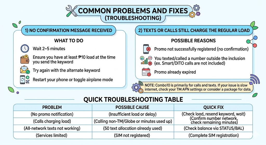 Common TM Combo10 or ComboAll10 CA10 problems and troubleshooting fixes — no confirmation, calls charging load, texts not working
