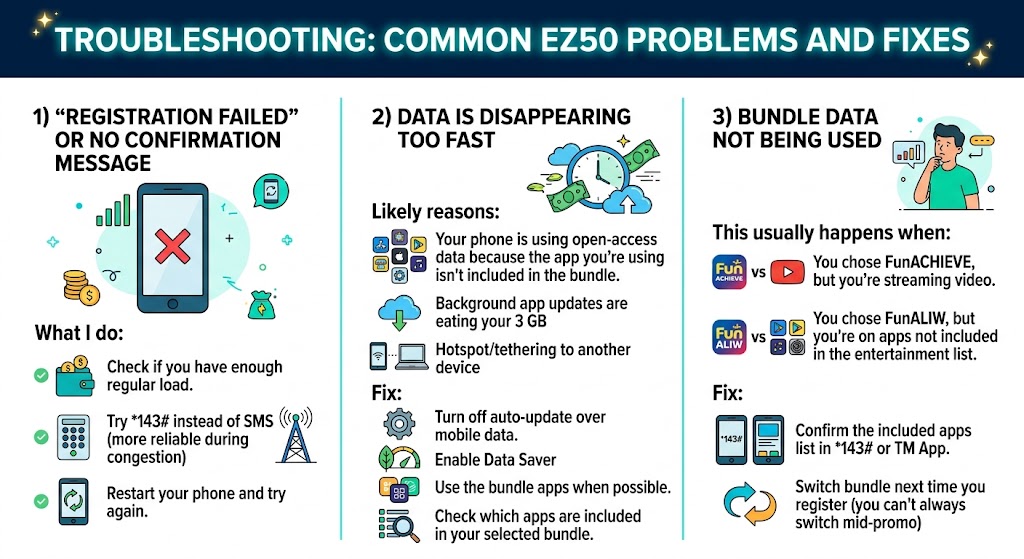 Common TM EasySURF50 EZ50 problems and troubleshooting fixes — registration failed, data disappearing fast, bundle data not used